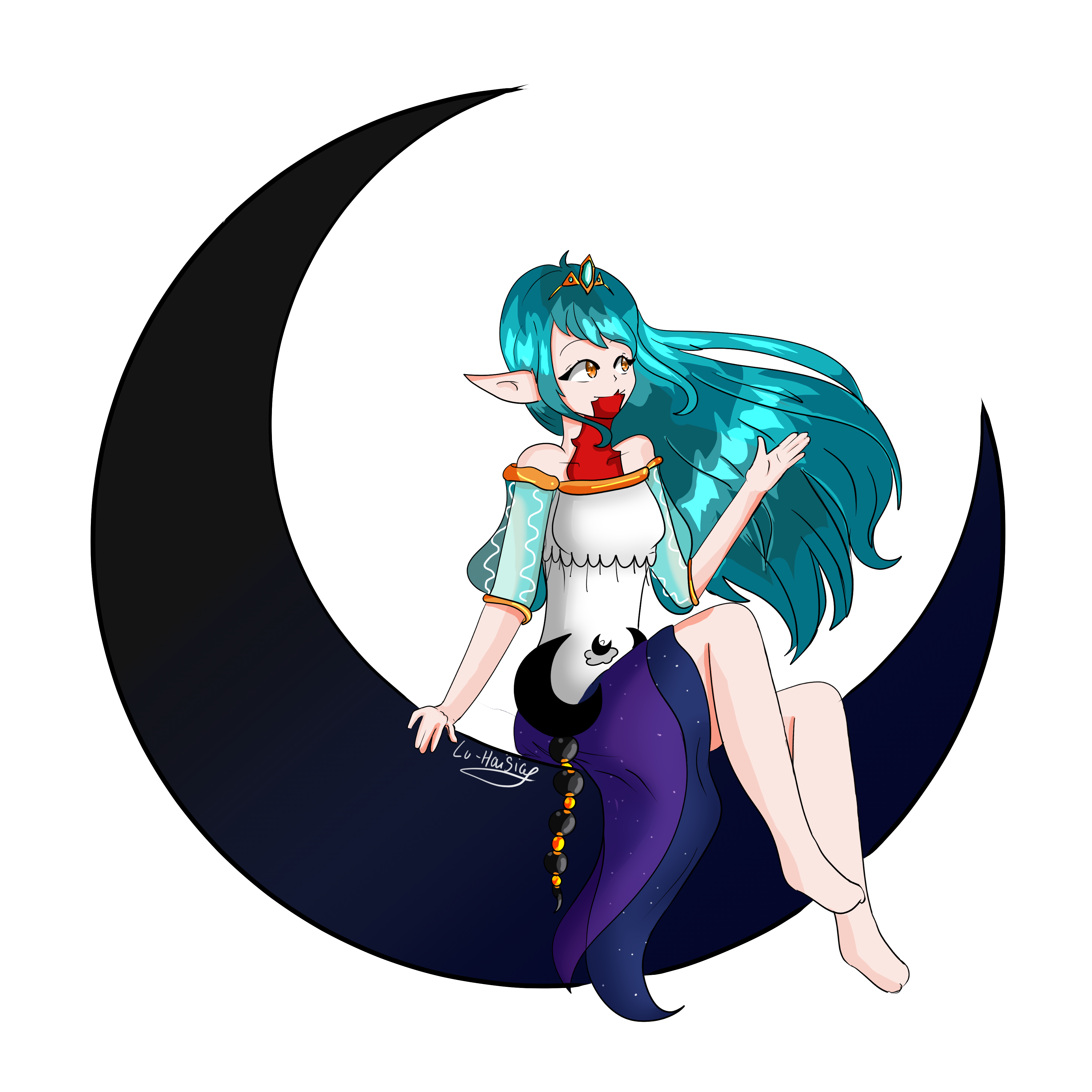 Dessin fille sur une lune